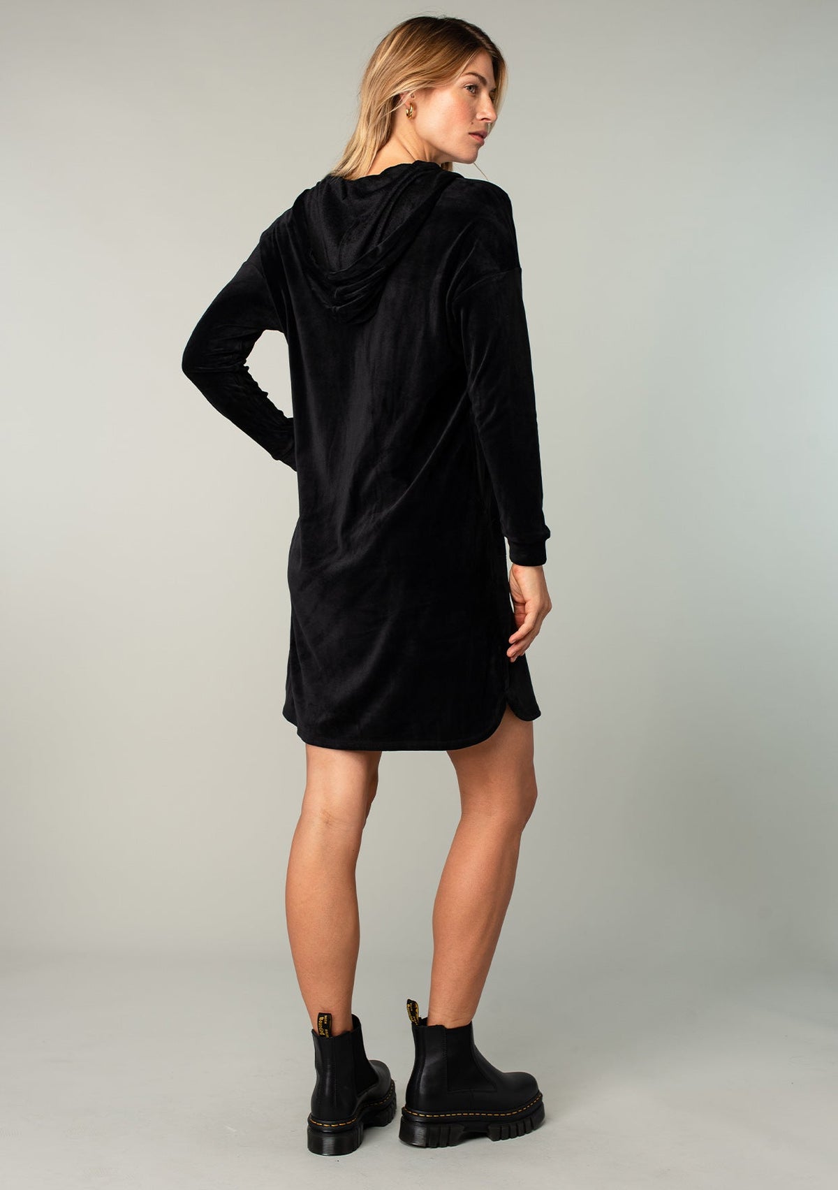 Casual Black Velour Hoodie Dress | LOVESTITCH
