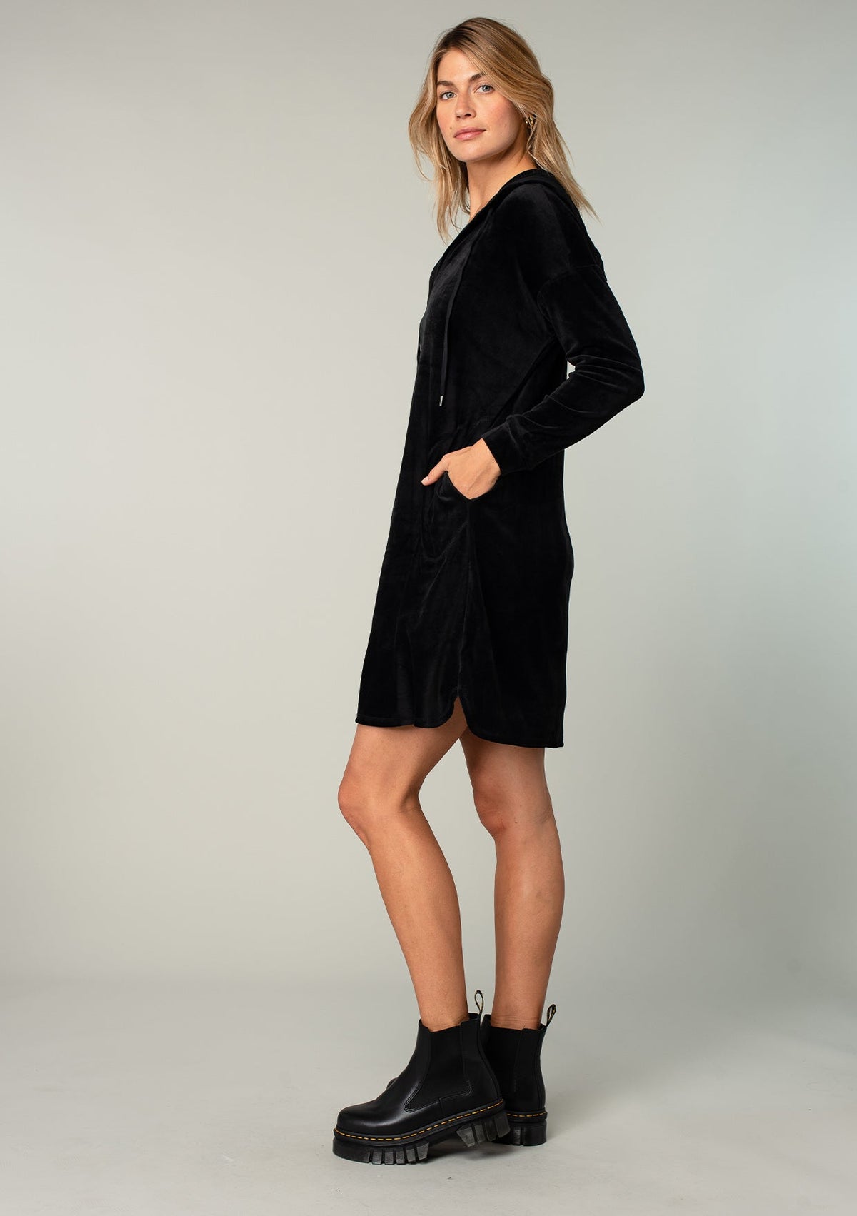 Casual Black Velour Hoodie Dress | LOVESTITCH