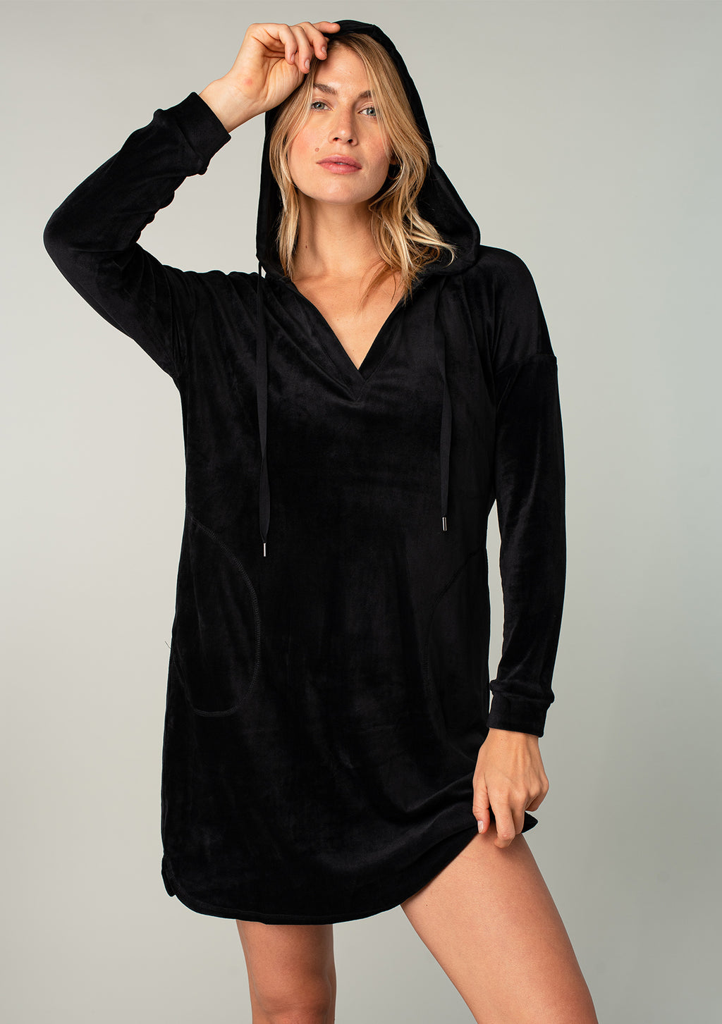 Casual Black Velour Hoodie Dress | LOVESTITCH