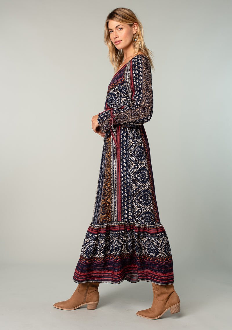 Women's Dress - Blue & Red Mixed Floral Boho Maxi Dress