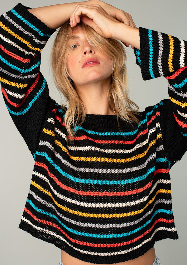 [Color: Black/Aqua/Orange] Lovestitch bone/sage/blue long sleeve, multi-color striped, relaxed fit, cropped knit sweater.