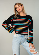 [Color: Black/Aqua/Orange] Lovestitch bone/sage/blue long sleeve, multi-color striped, relaxed fit, cropped knit sweater.