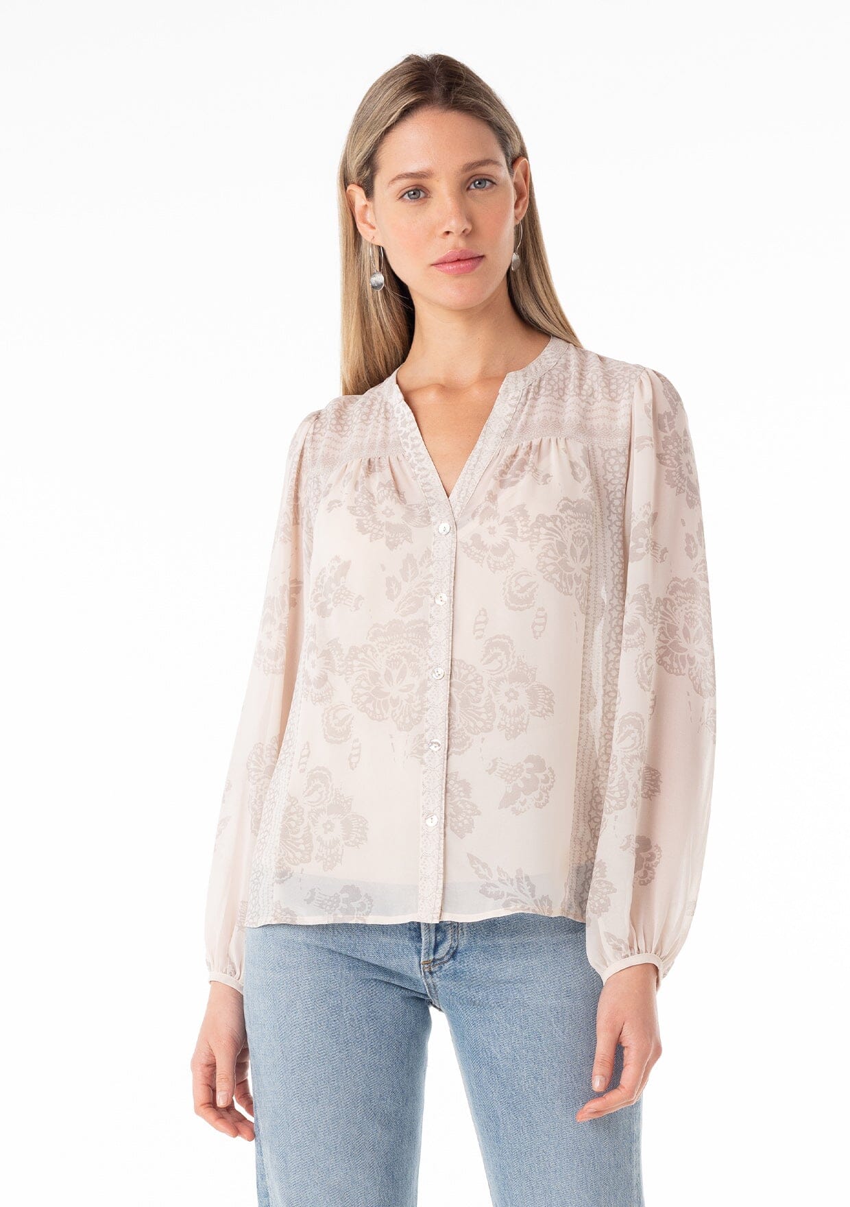 Lush Free Spirit Front Patch Detail Woven Long Sleeves Chiffon Boho Blouses Top