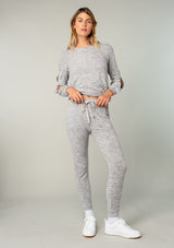 [Color: Dark Heather Grey] Girl wearing cozy knit lounge pants.