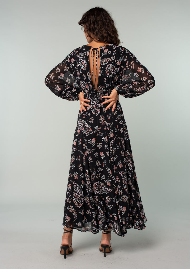 Women's Black Floral Bohemian Volume Sleeve Maxi Dress