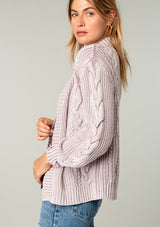 [Color: Lilac] Long sleeve, chunky cable knit, open cardigan.