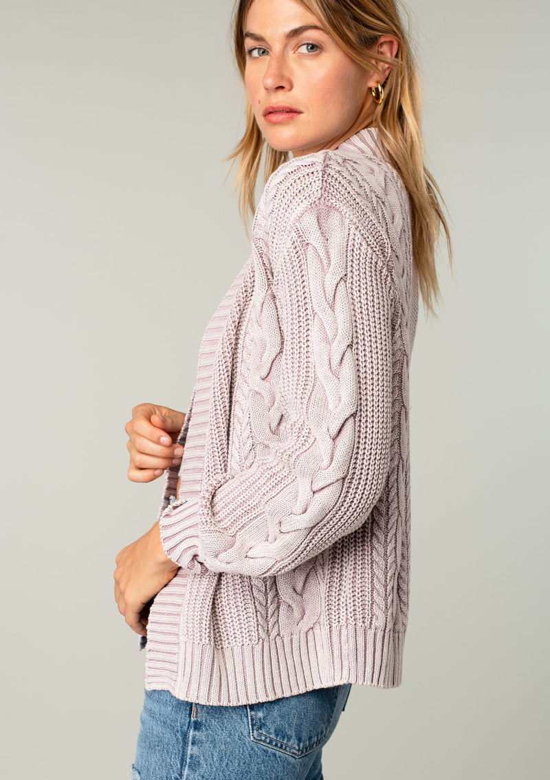 [Color: Lilac] Long sleeve, chunky cable knit, open cardigan.