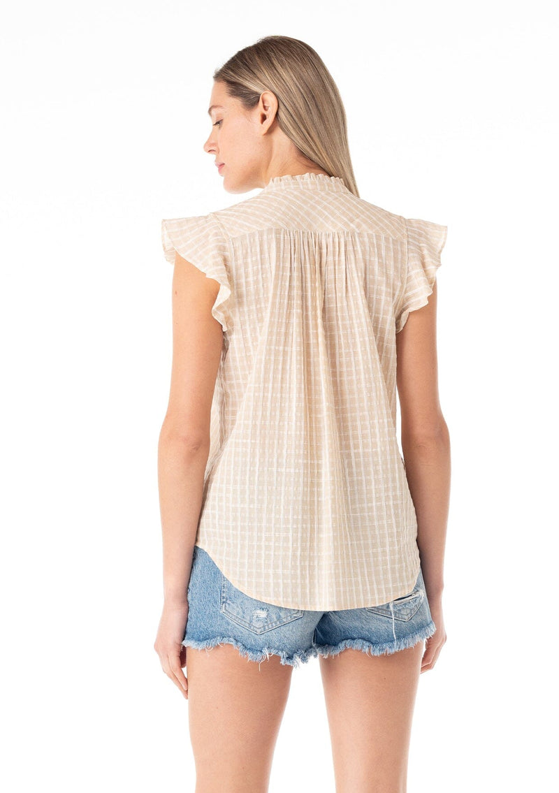 [Color: Natural] A back facing image of a blonde model wearing a best selling button front blouse in a natural cotton seersucker check print. With short flutter sleeves, a ruffled neckline, and neck ties.