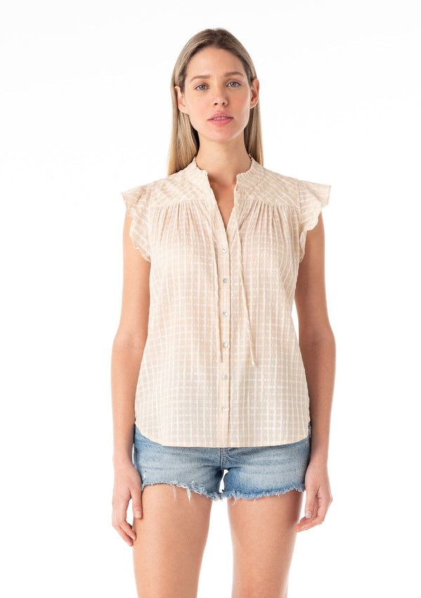 [Color: Natural] A front facing image of a blonde model wearing a best selling button front blouse in a natural cotton seersucker check print. With short flutter sleeves, a ruffled neckline, and neck ties.
