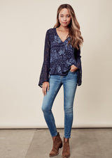 [Color: Midnight/Blue] Beautiful blue bohemian blouse with exaggerated bell sleeves & lace details throughout. 