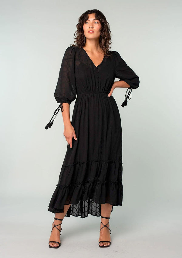 [Color: Black] A front facing image of a brunette model wearing a bohemian black maxi dress in embroidered chiffon. With three quarter length sleeves, adjustable tie cuffs, a self covered button front, an elastic waist, and a ruffle trimmed tiered skirt.