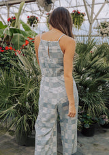 [Color: Blue] Lovestitch Sleeveless, striped jacquard jumpsuit with tie at the waist. 