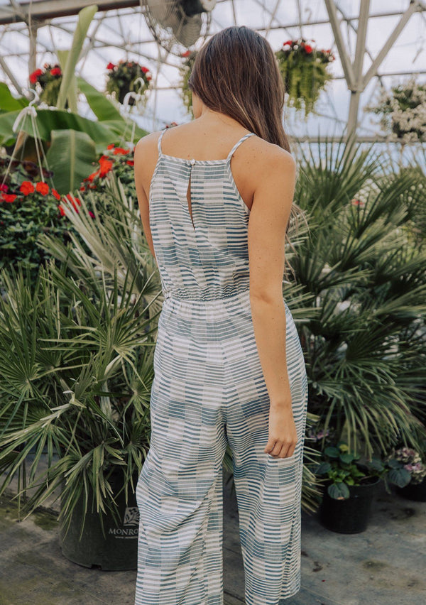 [Color: Blue] Lovestitch Sleeveless, striped jacquard jumpsuit with tie at the waist. 