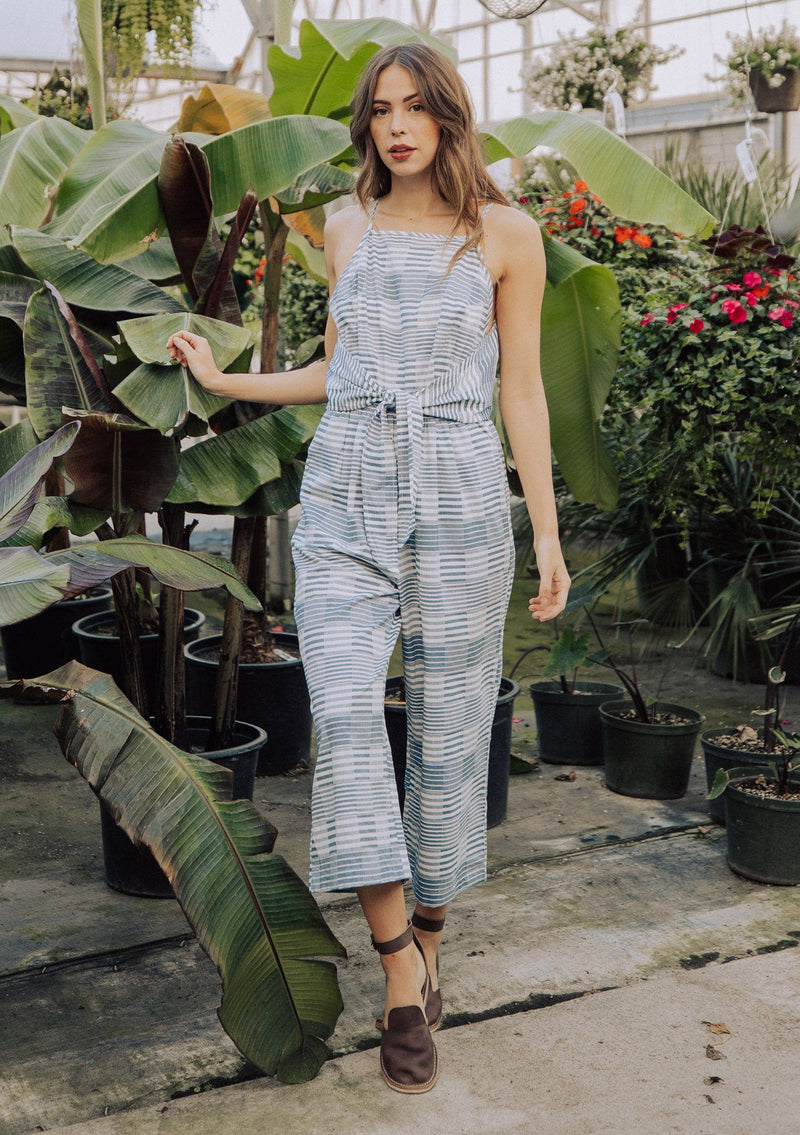 [Color: Blue] Lovestitch Sleeveless, striped jacquard jumpsuit with tie at the waist. 