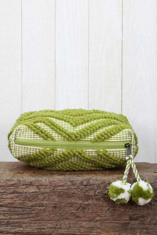 [Color: Lime Green] A green bohemian carpet makeup bag with pom tassel. 