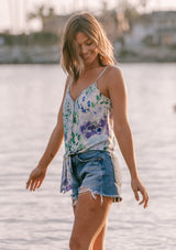 [Color: Violet/Green/Blue] Pretty floral button down tank top with a tie front detail and v neckline