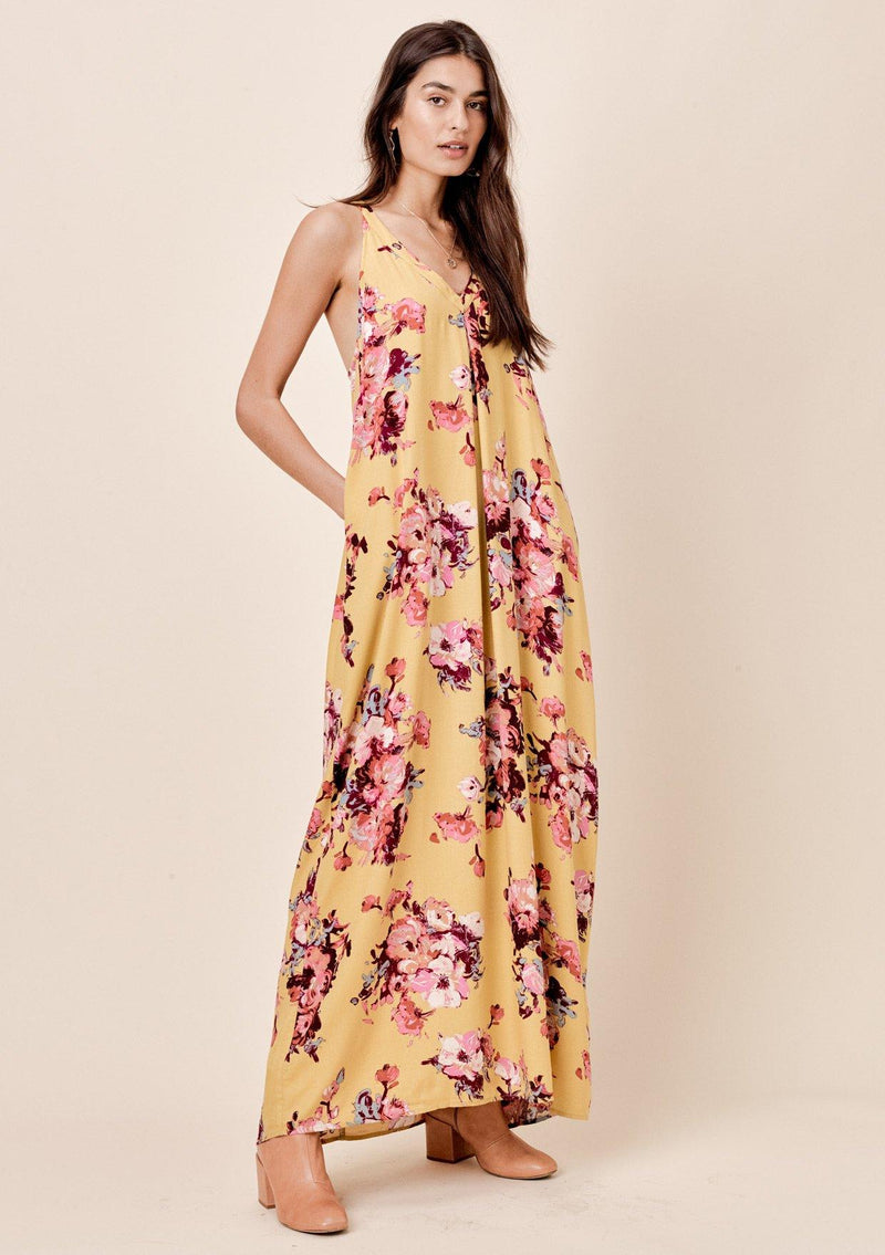 [Color: Mustard/Plum] Lovestitch pleated, floral printed, racerback maxi dress with side pockets. 