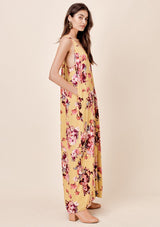 [Color: Mustard/Plum] Lovestitch pleated, floral printed, racerback maxi dress with side pockets. 