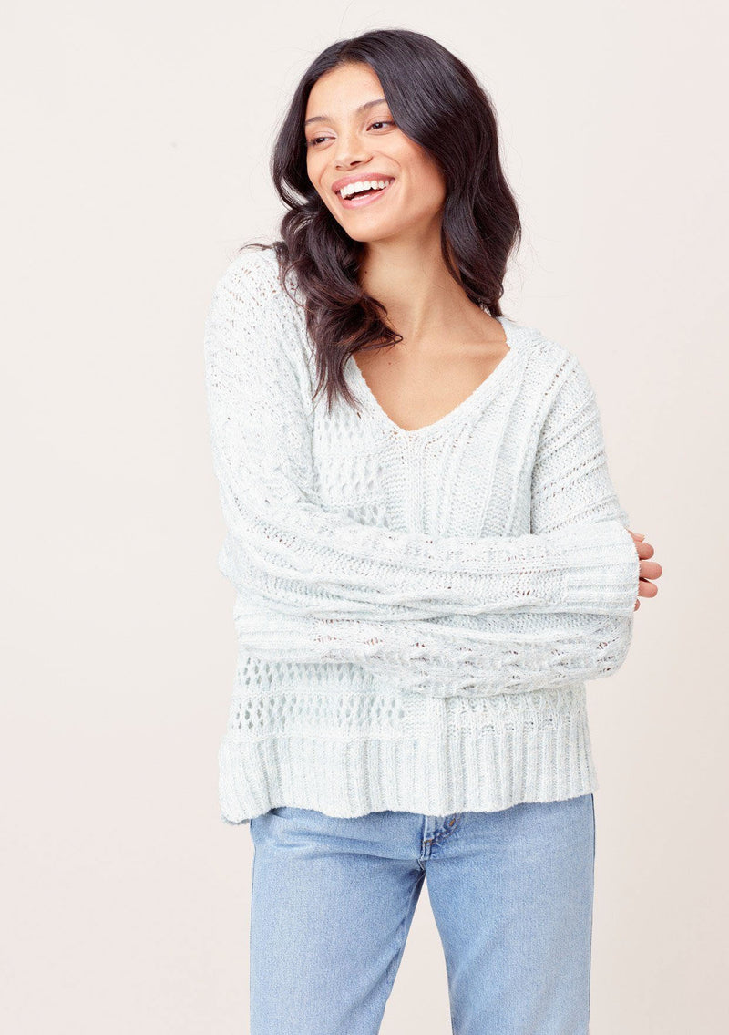 [Color: Blue] Lovestitch blue Lightweight, long sleeve, open knit, crochet hooded sweater. Perfect to throw on and go!