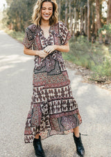[Color: Midnight/Sand] Lovestitch floral paisley printed, flutter sleeve maxi dress with tiered, ruffled detail.