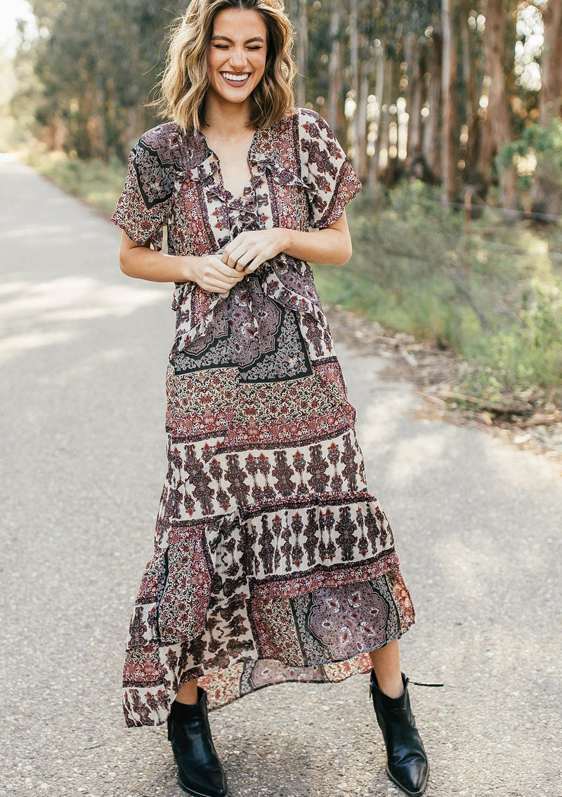[Color: Midnight/Sand] Lovestitch floral paisley printed, flutter sleeve maxi dress with tiered, ruffled detail.