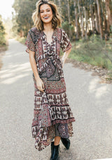 [Color: Midnight/Sand] Lovestitch floral paisley printed, flutter sleeve maxi dress with tiered, ruffled detail.