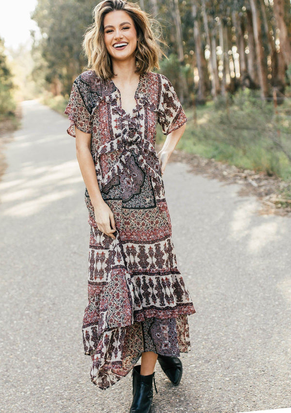 [Color: Midnight/Sand] Lovestitch floral paisley printed, flutter sleeve maxi dress with tiered, ruffled detail.
