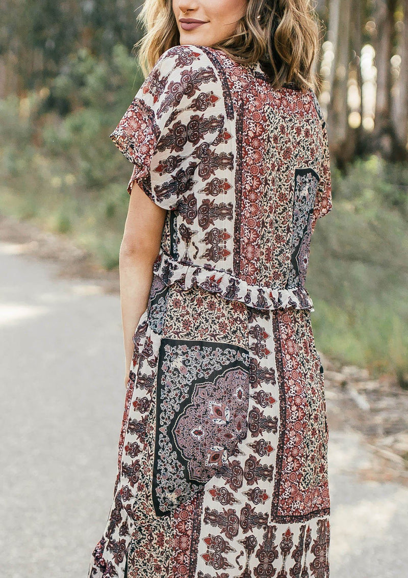 [Color: Midnight/Sand] Lovestitch floral paisley printed, flutter sleeve maxi dress with tiered, ruffled detail.