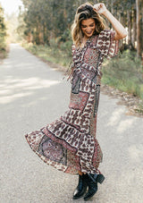 [Color: Midnight/Sand] Lovestitch floral paisley printed, flutter sleeve maxi dress with tiered, ruffled detail.