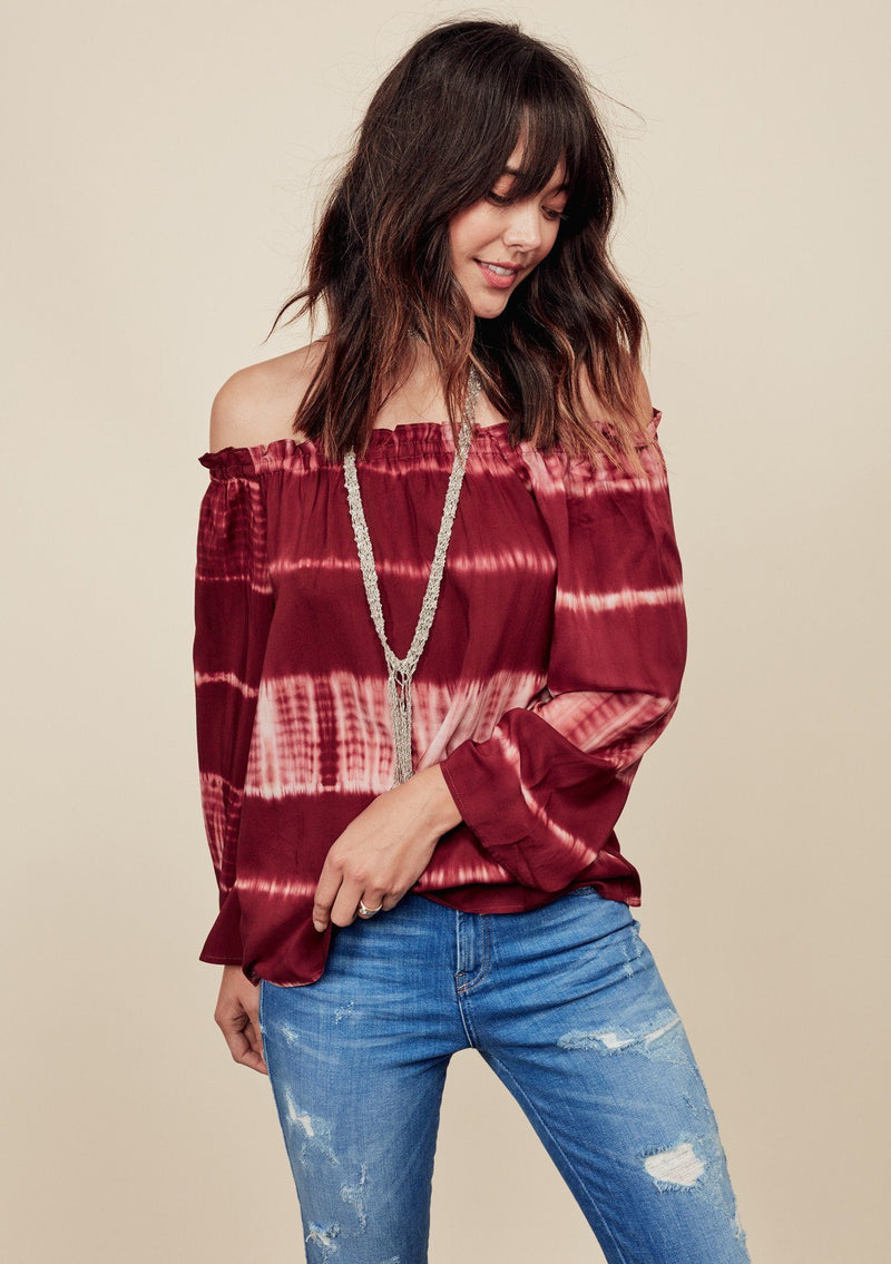 [Color: Brick] Adorable tie dye off shoulder blouse in a deep red colorway.