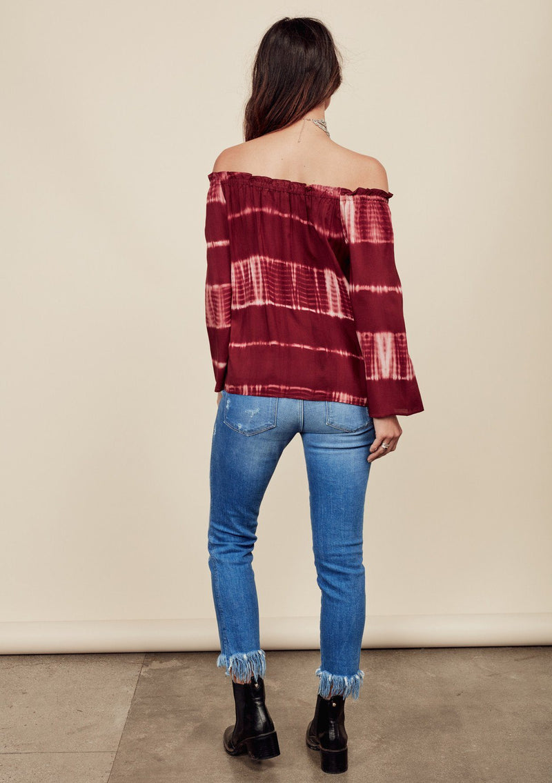 [Color: Brick] Adorable tie dye off shoulder blouse in a deep red colorway.