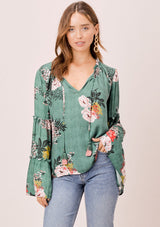 [Color: Sage] Lovestitch sage green Floral printed, bell sleeve, bohemian top with tie neck and ruffle details. 