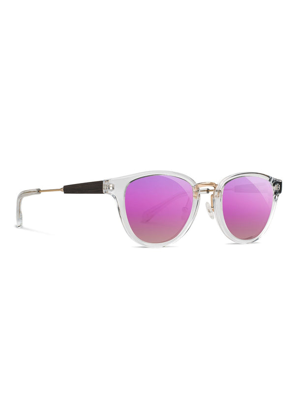 [Color: Crystal] Sustainable, vintage style acetate sunglasses with real wood inlays and pink lenses.