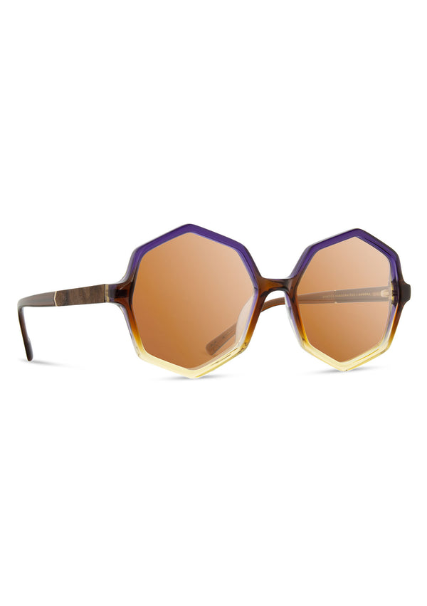 [Color: Horizon] Eight sided octagon sunglasses made from Italian acetate and features wooden inlays. 