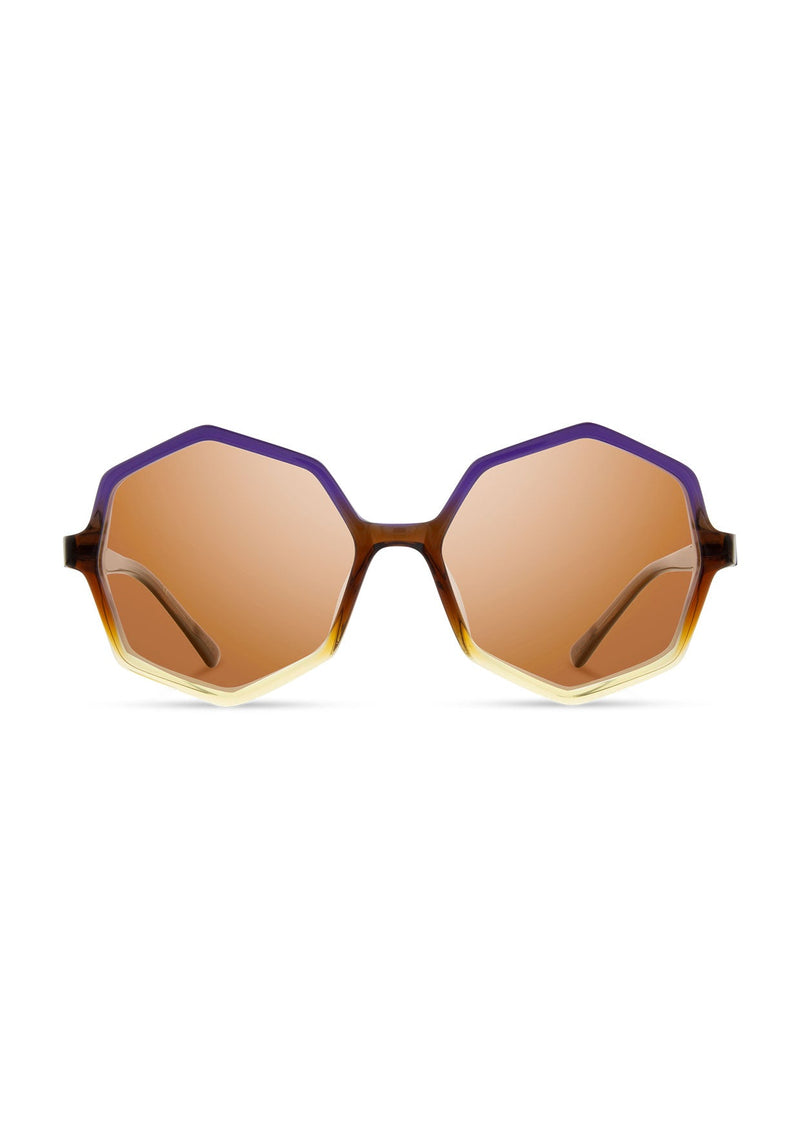 [Color: Horizon] Eight sided octagon sunglasses made from Italian acetate and features wooden inlays. 