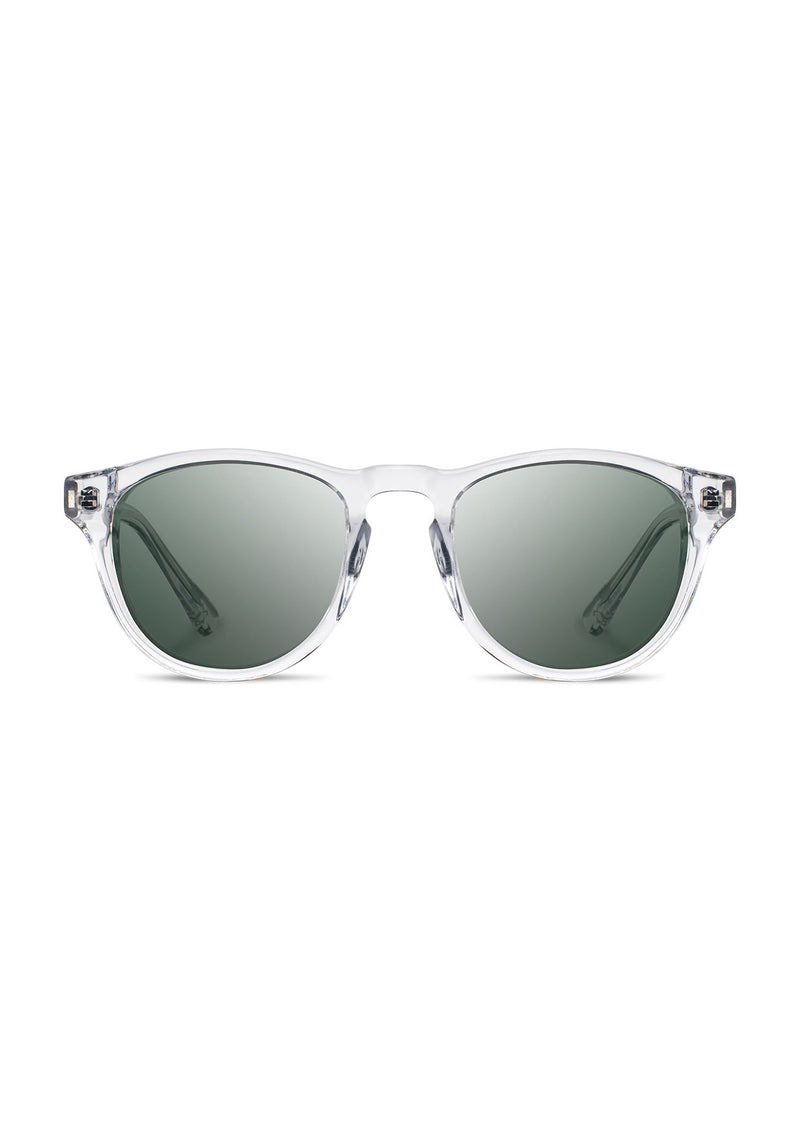 [Color: Crystal] Sunglasses with a grey lens and a wood inlay. 