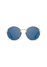 [Color: Blue Coral] Round metal frame sunglasses made with mix of premium acetate, metal fixtures, and wood accents. 