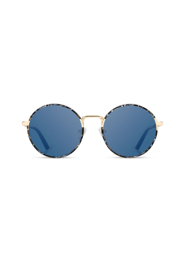 [Color: Blue Coral] Round metal frame sunglasses made with mix of premium acetate, metal fixtures, and wood accents. 