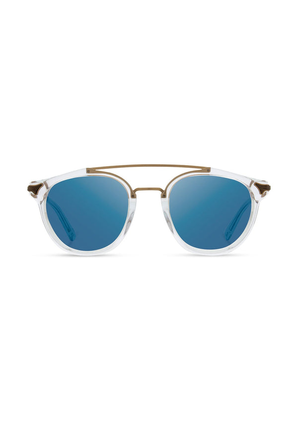 [Color: Crystal] Clear Italian acetate sunglasses with contemporary round lens, metal brow bar, and wood accents.