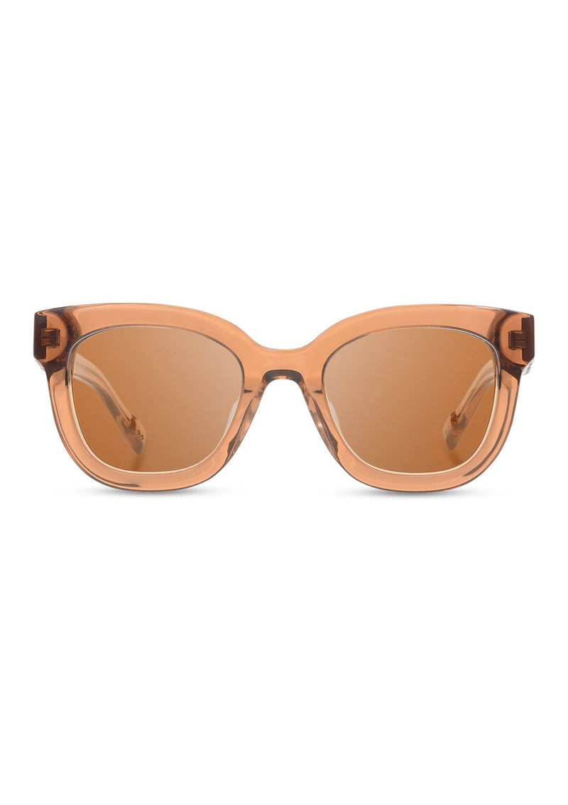 [Color: Copper] Sunglasses with a warm brown lens and a rose flower inlay.