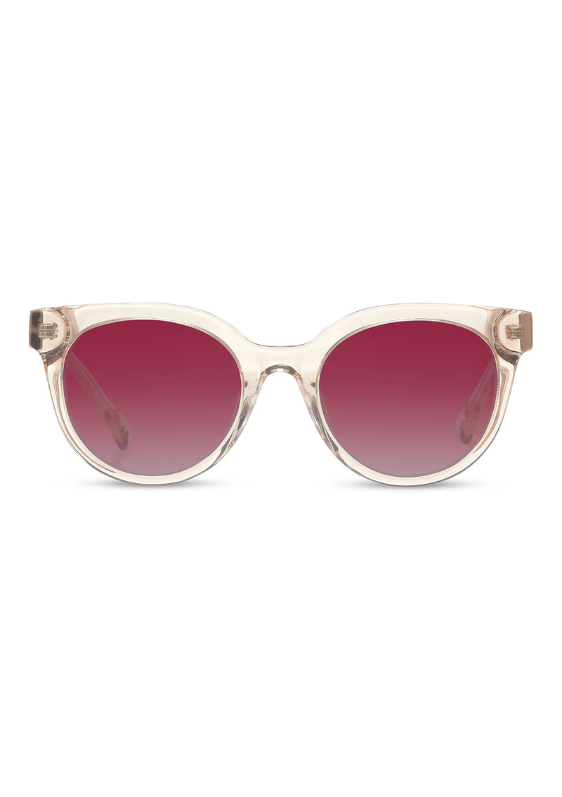 [Color: Champagne] Round acetate sunglasses with rose flower inlay. 