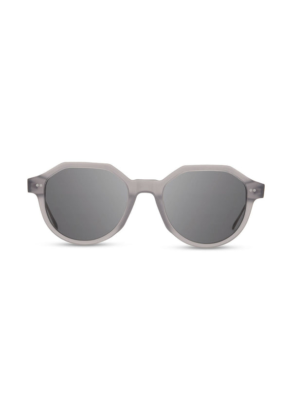 [Color: Matte Smoke] Italian acetate sunglasses with a geometric silhouette and wire temples. 