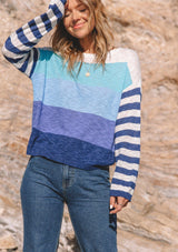 [Color: Navy Multi] Lovestitch Navy Multi Lightweight, long sleeve, mixed striped, crewneck knit pullover. Perfect for those slightly chilly, cozy days.