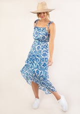 [Color: Blue Turquoise] Ultra pretty geo floral print tank top midi dress. Featuring an elastic waist detail for definition.