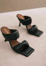 [Color: Black] Alohas black leather strap heeled mule sandal with padded straps and a square toe.  