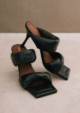 [Color: Black] Alohas black leather strap heeled mule sandal with padded straps and a square toe. 