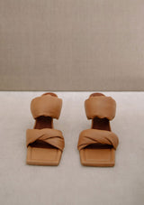 [Color: Camel] Alohas camel leather strap heeled mule sandal with padded straps and a square toe. 