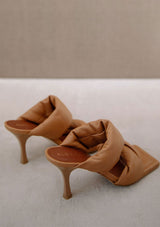 [Color: Camel] Alohas camel leather strap heeled mule sandal with padded straps and a square toe. 